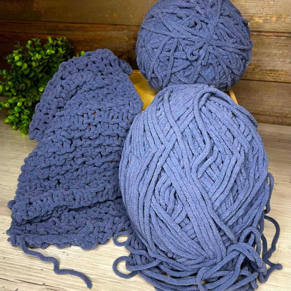 Blue, chunky Chennile type yarn with velvety feel.